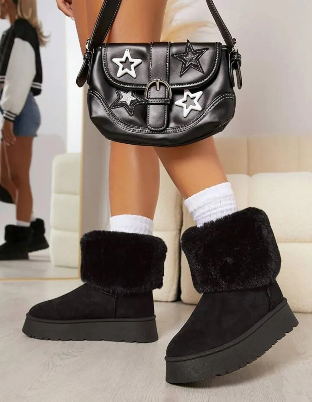 Black Faux Fur Winter Boots for Women Oaklee-03 Wild Diva