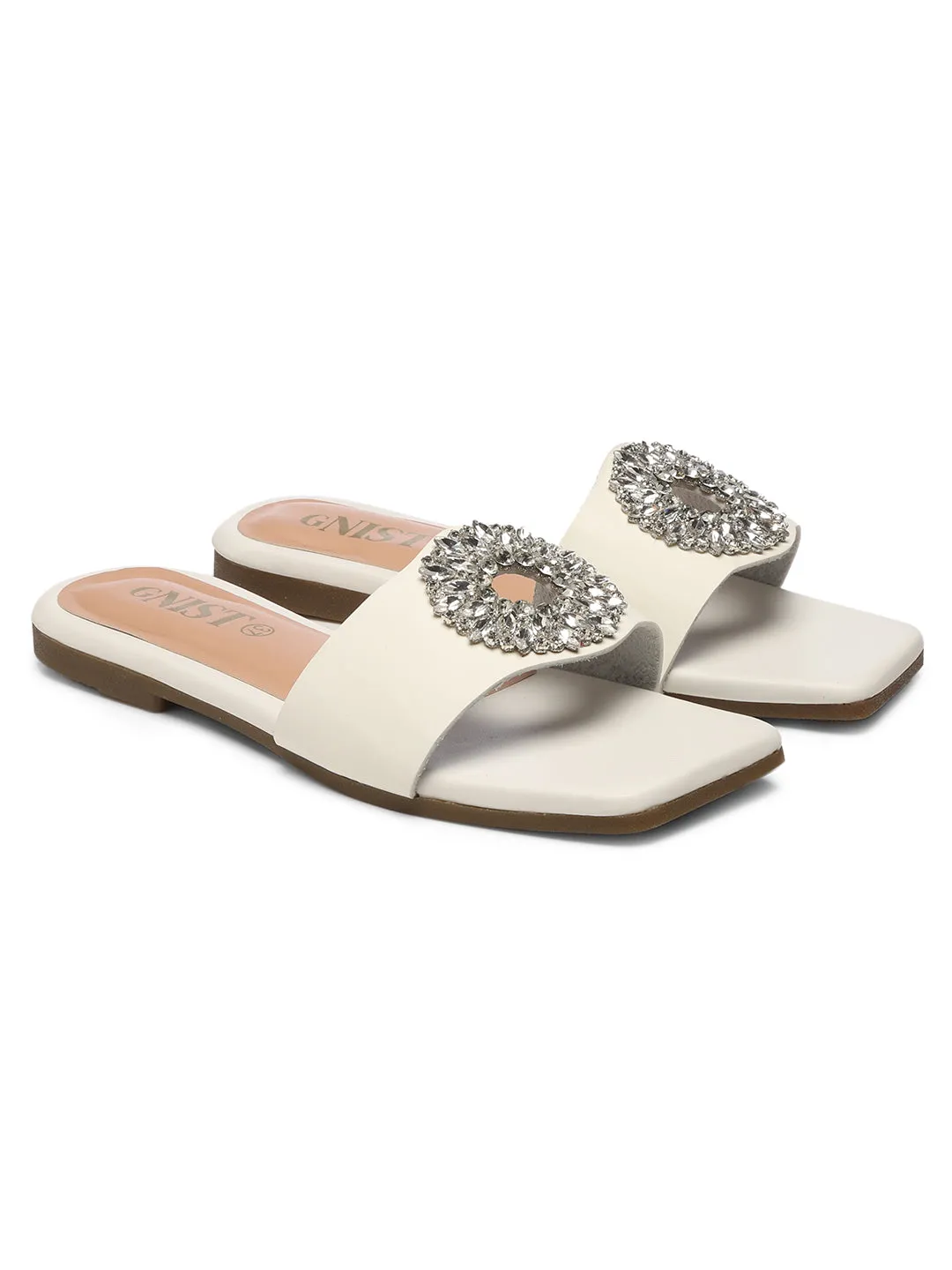 GNIST Embellished Chic Vegan Leather White Party Flats
