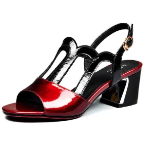 Red Patent Leather Block Heels Sandals