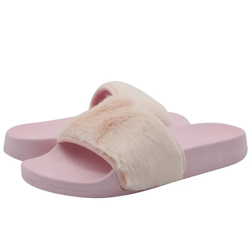 Women's Slip on Faux Fur Trim Flat Slide Slipper Sandals