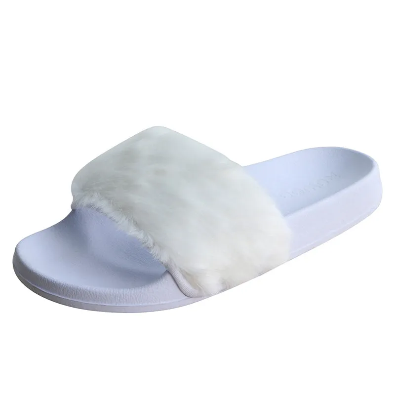 Women's Slip on Faux Fur Trim Flat Slide Slipper Sandals