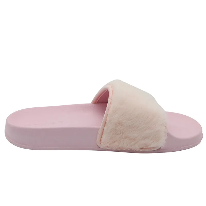 Women's Slip on Faux Fur Trim Flat Slide Slipper Sandals