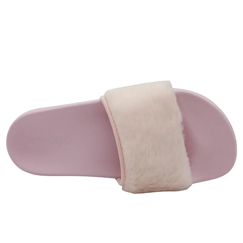 Women's Slip on Faux Fur Trim Flat Slide Slipper Sandals