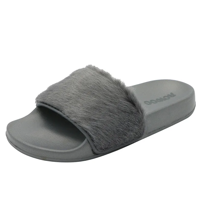 Women's Slip on Faux Fur Trim Flat Slide Slipper Sandals