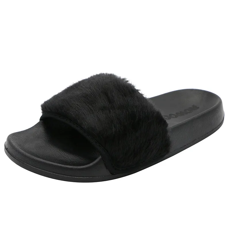 Women's Slip on Faux Fur Trim Flat Slide Slipper Sandals
